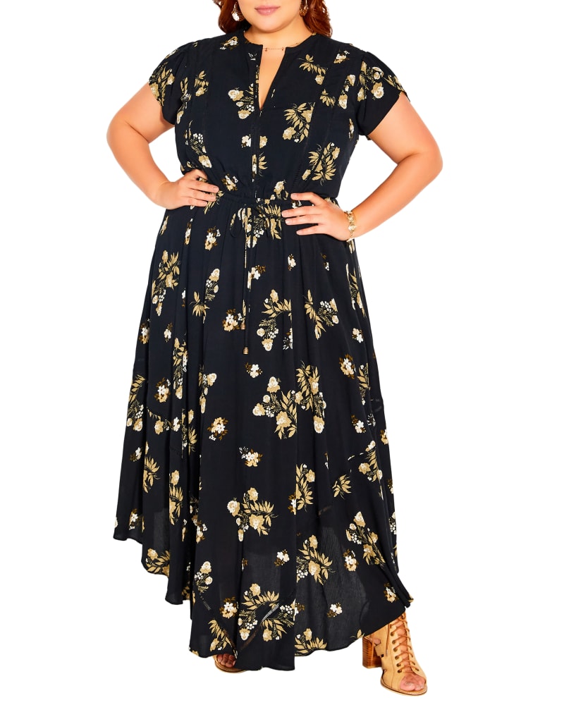Front of a model wearing a size XS Delilah Maxi Dress in Black / Gold by Starling Reine. | dia_product_style_image_id:209929